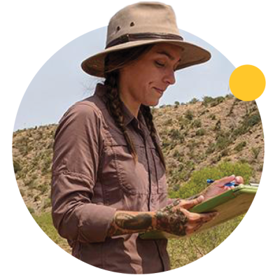 A ranger technician looks down at her tablet.